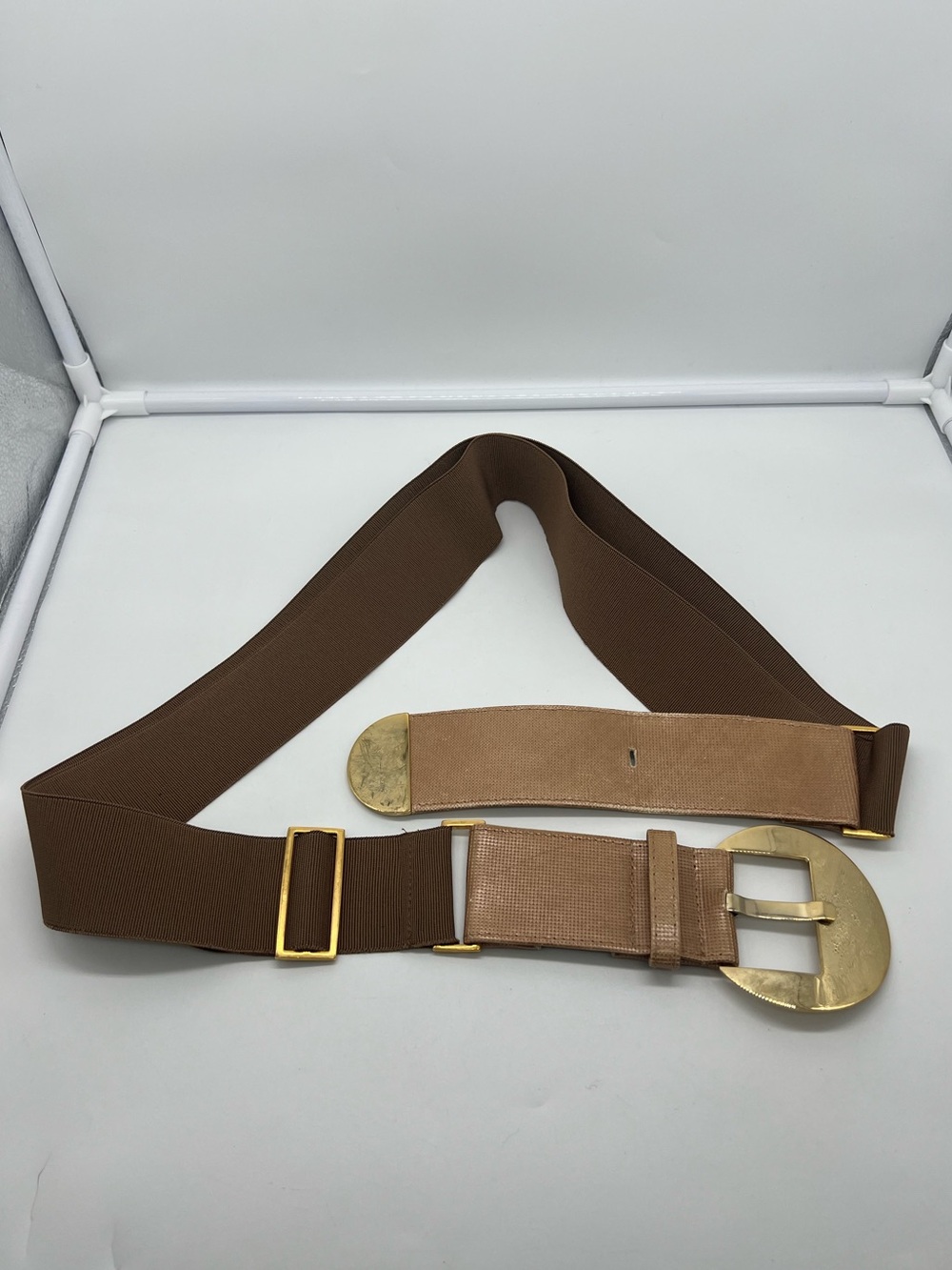 SUZI ROHER Rose Gold Metallic Leather Adjustable Waist Large Buckle Belt sz XL